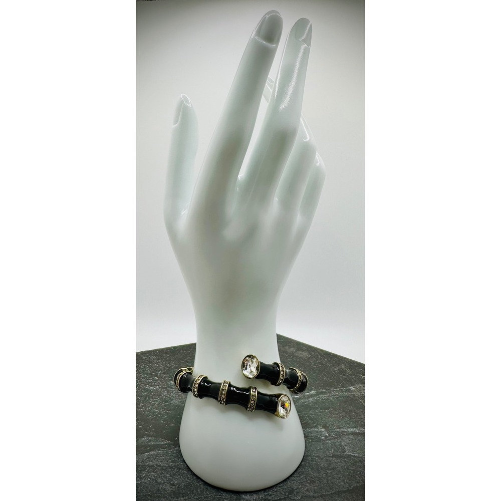 Heidi Daus Black Enamel Bamboo Bypass Hinge Bangle Bracelet Gold Tone Crystal